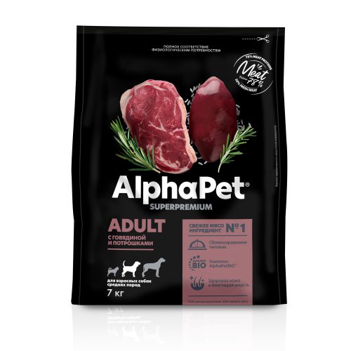 Сухой полнорационный корм с говядиной и потрошками для взрослых собак средних пород AlphaPet Superpremium 7 кг