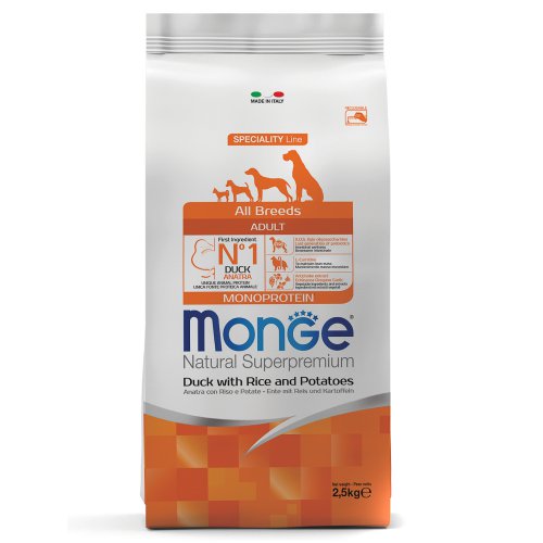 Сухие корма Monge Dog Monoprotein для собак всех пород утка с рисом и картофелем