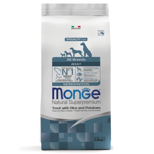Сухие корма Monge Dog Monoprotein для собак всех пород форель с рисом и картофелем