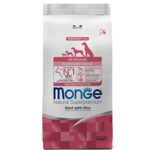 Сухие корма Monge Dog Monoprotein Puppy&Junior корм для щенков всех пород говядина с рисом