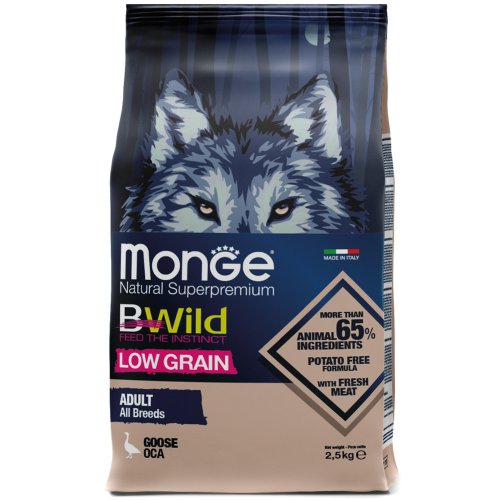 Сухие корма Monge Dog BWild LOW GRAIN низкозерновые из мяса гуся для взрослых собак всех пород
