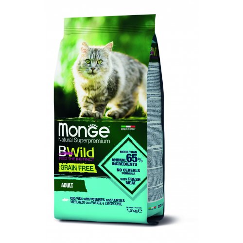 Monge Cat BWild GRAIN FREE беззерновой корм из трески, картофеля и чечевицы для взрослых кошек