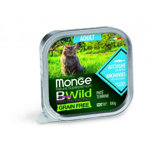 Monge Cat BWild GRAIN FREE беззерновые консервы из анчоусов с овощами для взрослых кошек