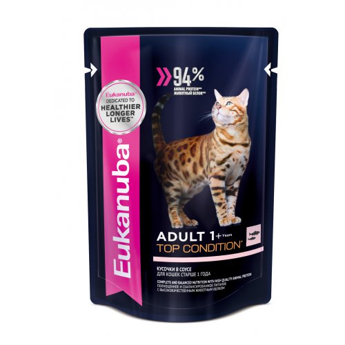 Eukanuba Adult Top Condition влажный рацион с лососем в соусе для взрослых кошек (24шт)