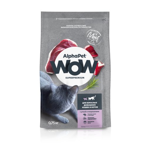 Сухой полнорационный корм с уткой и потрошками для взрослых домашних кошек и котов AlphaPet WOW Superpremium 0,75 кг