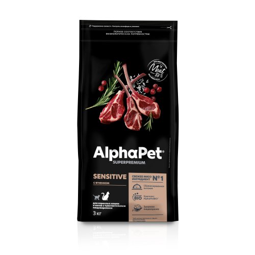 Сухой полнорационный корм с ягненком для взрослых кошек и котов с чувствительным пищеварением AlphaPet Superpremium 3 кг