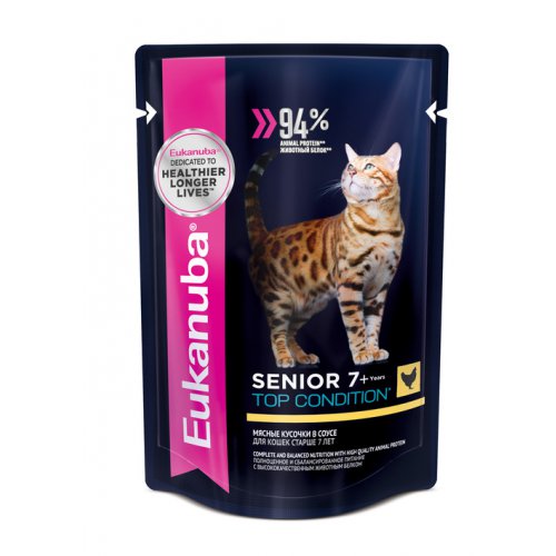 Корм для кошек Eukanuba Senior 7+ Top Condition влажный рацион из курицы в соусе для взрослых кошек старше 7 лет