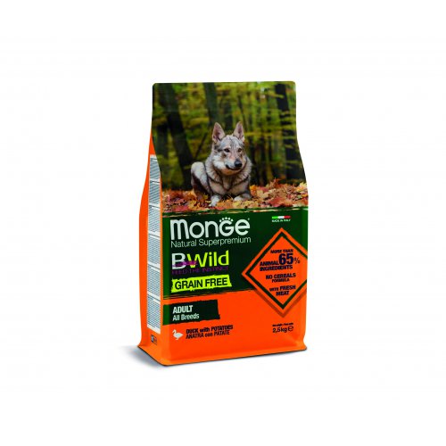 Сухие корма Monge Dog BWild GRAIN FREE беззерновые из мяса утки с картофелем для взрослых собак всех пород