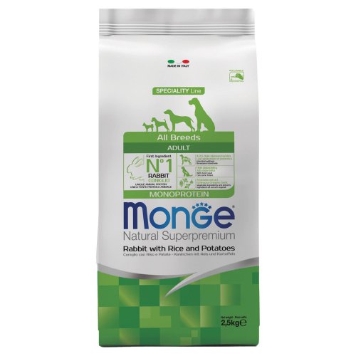Сухие корма Monge Dog Monoprotein для собак всех пород кролик с рисом и картофелем