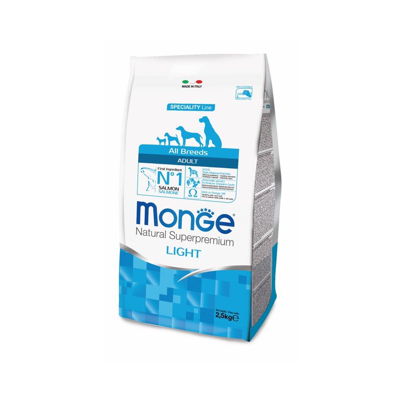 Сухие корма Monge Dog Speciality Light корм для собак всех пород низкокалорийный лосось с рисом