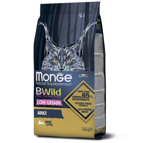 Monge Cat BWild LOW GRAIN низкозерновой корм из мяса зайца для взрослых кошек 1,5 кг