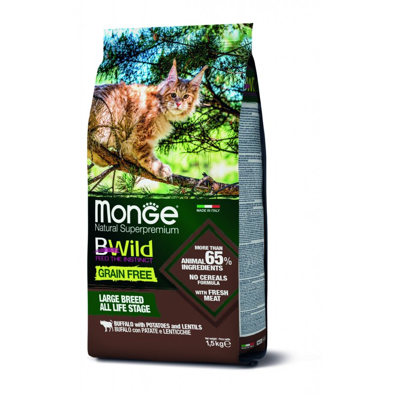 Monge Cat BWild GRAIN FREE беззерновой корм из мяса буйвола для крупных кошек всех возрастов 