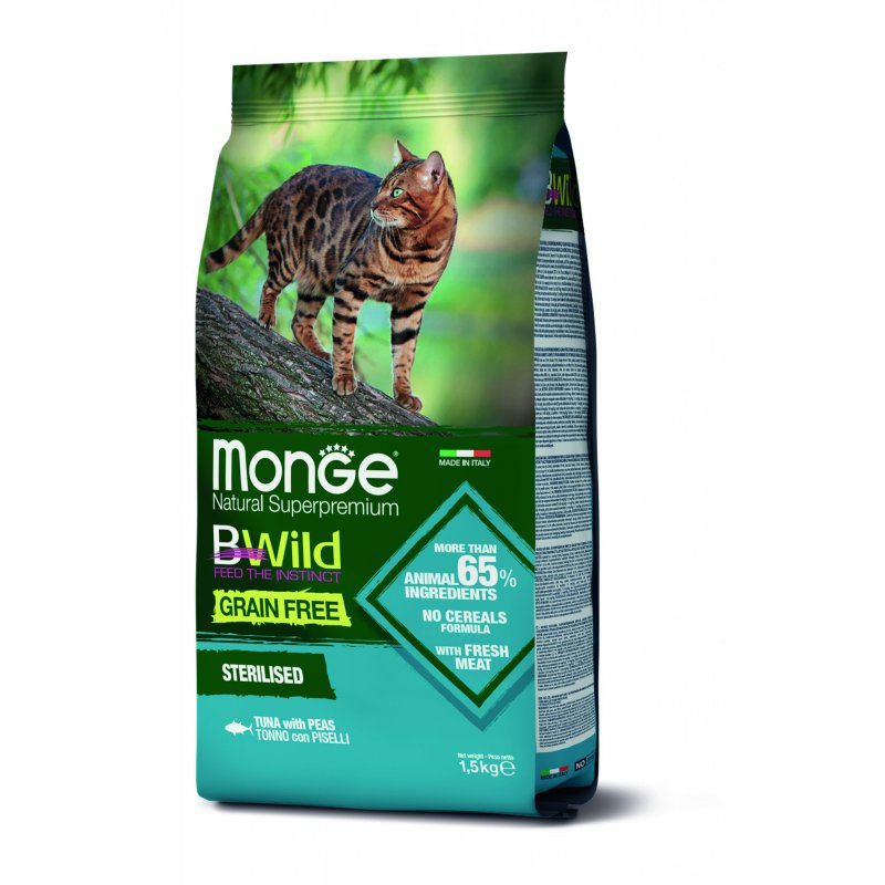 Monge Cat BWild GRAIN FREE беззерновой корм из тунца и гороха для стерилизованных кошек