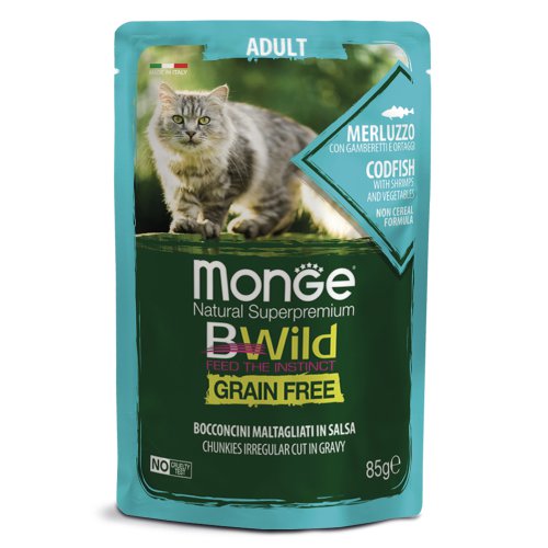 Monge Cat BWild GRAIN FREE паучи из трески с креветками и овощами для взрослых кошек