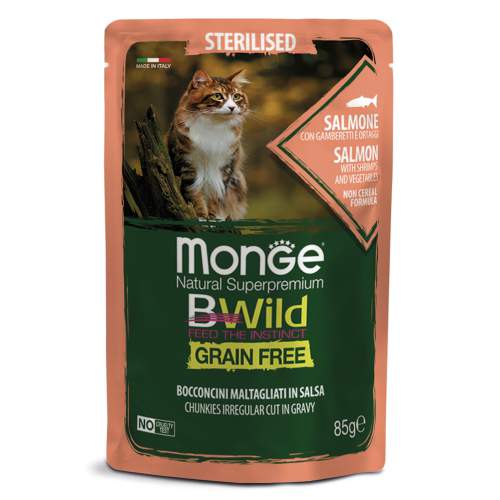 Monge Cat BWild GRAIN FREE паучи из лосося с креветками и овощами для стерилизованных кошек