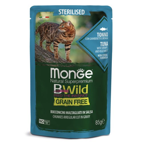 Monge Cat BWild GRAIN FREE паучи из тунца с креветками и овощами для стерилизованных кошек