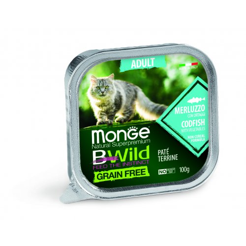 Monge Cat BWild GRAIN FREE беззерновые консервы из трески с овощами для взрослых кошек