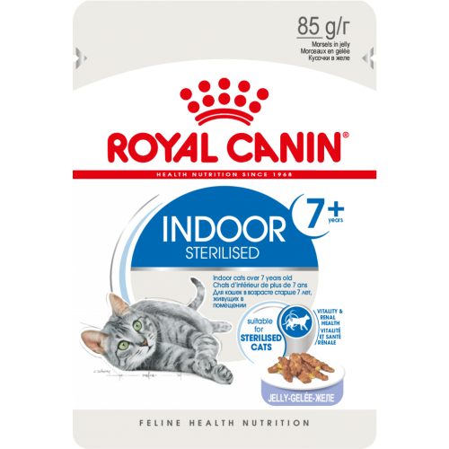 Упаковка Royal Canin Indoor Sterilized 7+ Корм консервированный для стареющих кошек, постоянно живущих в помещении,желе (12шт)