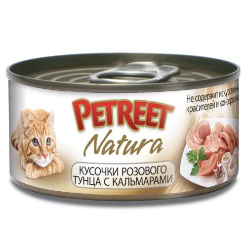 Petreet консервы для кошек кусочки розового тунца с кальмарами 70 г